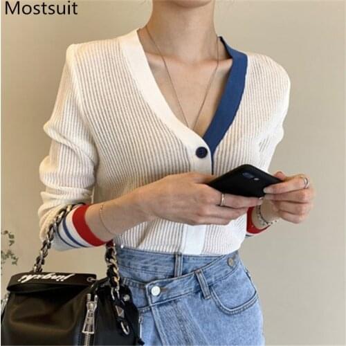 Women Spring Summer Knitted Tops Fashion V Neck Sweater Long Sleeve Cardigan Short Coat Ladies Striped Thin Sweater 2020