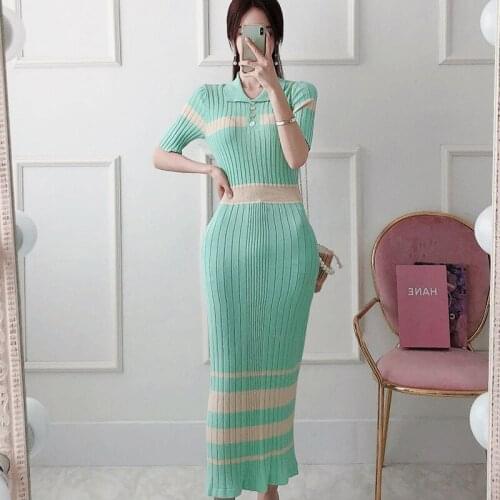 2021 Summer Short Sleeve High Waist Sexy Women Knitted Dress Hit Color Feminine Long Dresses