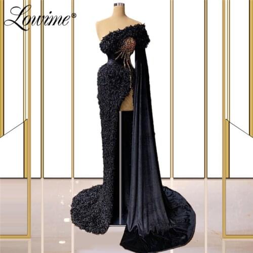 Lowime Newest 2021 Luxury Long Black Party Dress Arabic Evening Dress One Shoulder Dubai African Mermaid Women Prom Dresses Robe