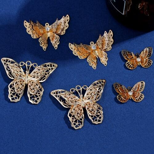 10Pcs Golden Metal Multilayer Hollow Butterfly Charms Rhinestone Alloy Insect Pendant Wholesale For DIY Jewelry Making Supplies