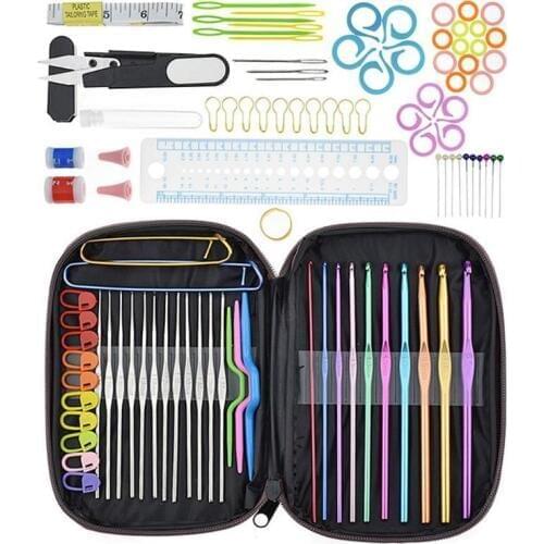 100pcs Aluminum Crochet Hook Knitting Needles Sewing Tools Set Sweater Knit Weave Craft Sewing Needle Set Kit Gauge Scissors Pin