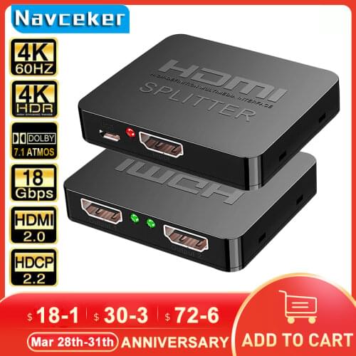 2021 Best 4K HDMI Splitter 1x2 HDMI 2.0 Splitter 1 in 2 out HDMI Amplifier Switch HDR HDMI2.0 Splitter for PS4 Apple TV XBox PS5