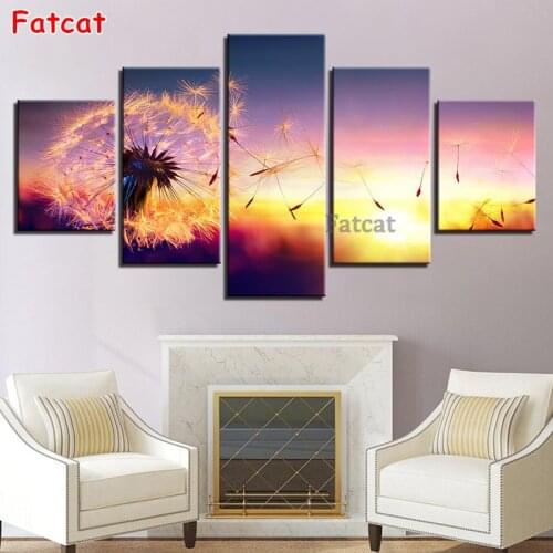 5 Panel 5D Diamond Painting Square Round Drill Flying Dandelion In The Sun Modern Decor Poster Cross Stitch Embroidery PP1691