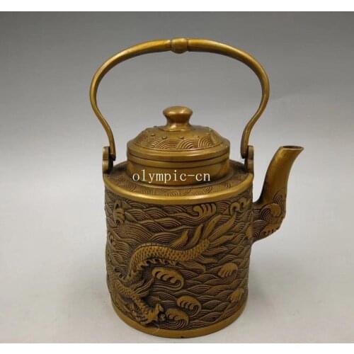 6'' copper sculpture handwork carved dragon design pot cup box jar teapot statue
