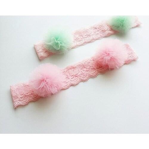 9pcs/lot Mesh Gauze Pom Pom Headband Soft Delicate Lace Stetchy Hairband Photo Prop Girl Band Round Ball Kid pink Mint Headband