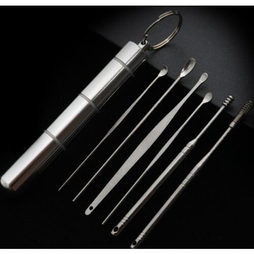 A182 Outdoor portable Keychain Portable ear spoon 6 pieces / set Vintage stainless steel EDC gadget
