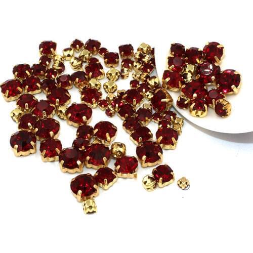 New 100pcs/bag Mixed size Dark red glass strass Clothing loose beads gold base sewing Crystal rhinestones diy Wedding dress