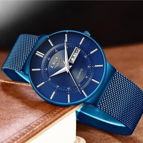 2020 New Blue Quartz Clock LIGE Mens Watches Top Brand Luxury Watch For Men Simple All Steel Waterproof Wrist Watch Reloj Hombre