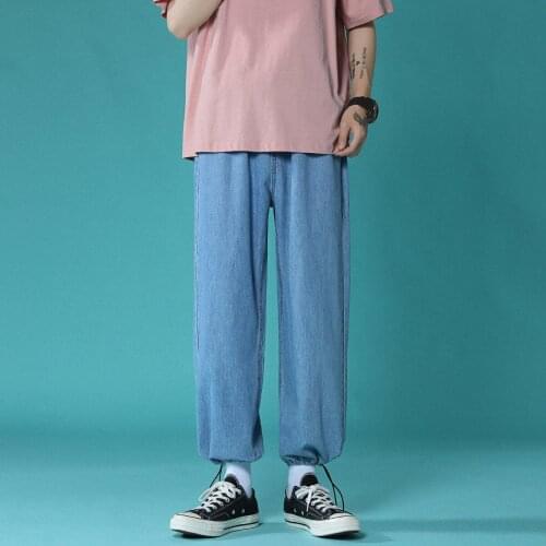 Mens Ice Silk Jeans Elastic Waist Trend Korean Leisure Loose Blue Solid Color Movement College Streets Couples Four Seasons