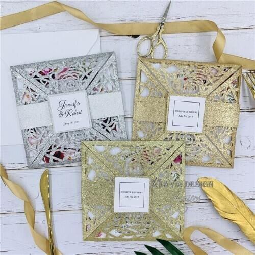 Elegant Square Glitter Gold Invitation, Flower Laser Cut Pocket With Glitter Belly Band And Tag