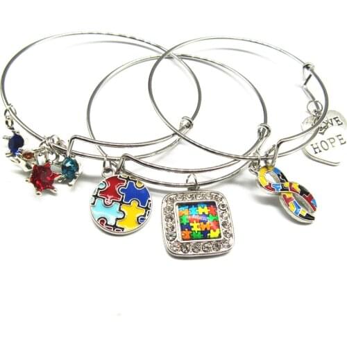 Autism Awareness Jigsaw Puzzle Piece Charm Expandable Charms Bangle & Bracelets For Man Woman Jewelry