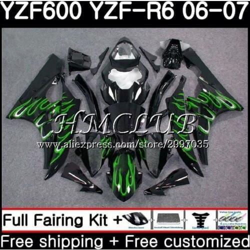 Body For YAMAHA YZF R 6 YZF 600 YZF-600 YZF R6 2006 2007 Frame 16HC.20 YZF-R6 06 07 YZF600 YZFR6 06 07 Green flames Fairing Kit