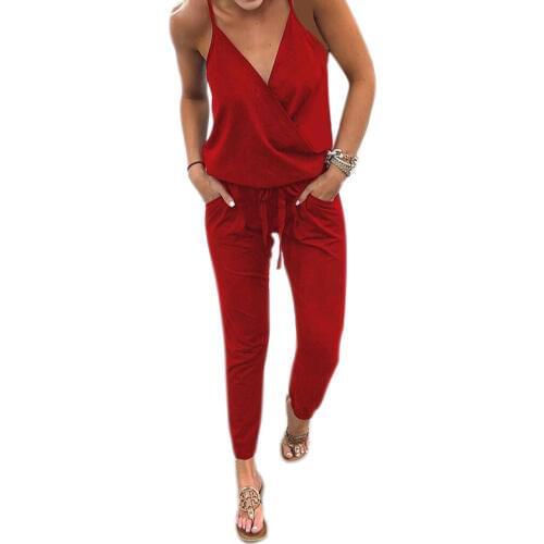 Laides Summer Strap Party Clubwear Jumpsuits Sexy Red Blue Black Backless Jumpsuits Lace-Up Slim Overalls Jumpsuit With Pocket