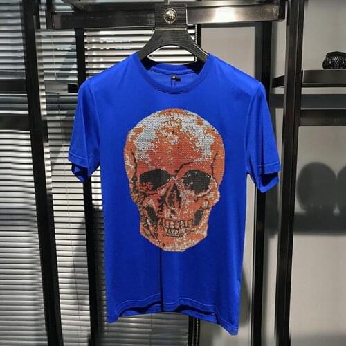 New Top Quality Diamond Skull Mens T-Shirt Brand Cotton Summer Hip Hop Slim Short Sleeve Rhinestone Style