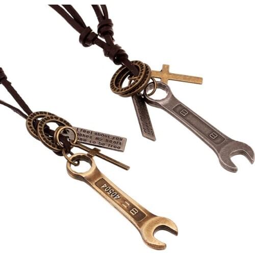 Punk Vintage Men Long Necklace Metal Wrench Spanner Cross Pendants Leather Charm Adjustable Mechanic Tool Chain Fashion Jewelry