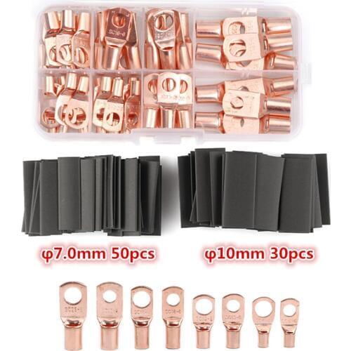 60Pcs Copper Cable Lugs Battery Terminals Set Electric Wire Cable Bare Crimped/Soldered Connectors + 80Pcs Shrink tube