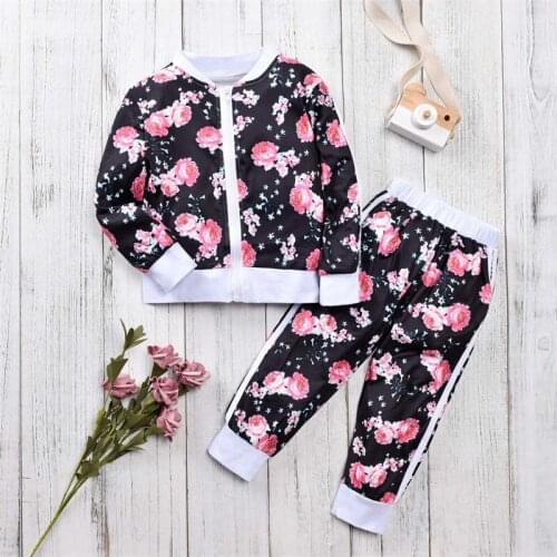2021 New Autumn Children Girls Clothes Set Fashion Long Sleeve Zipper Coat Tops Flower Print Pants Tracksuit Outfits 2-7Y