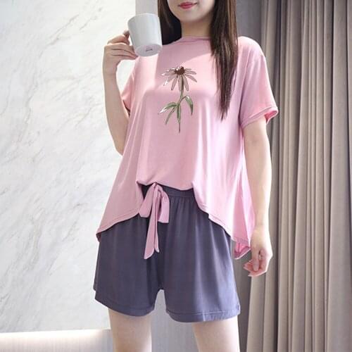 Short Sleeve Pajamas Suit Cotton Two Piece Set Summer Shorts Trousers Thin Casual Loose Tops Women Home Service Pajama