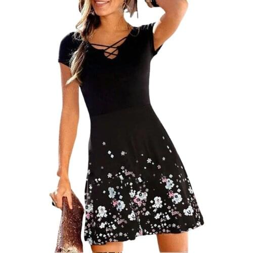 Printing Dress Women V Neck Cross Bandage Short Sleeve A-Line Beach Dresses Women Clothing Vestido Feminino Summer Dress