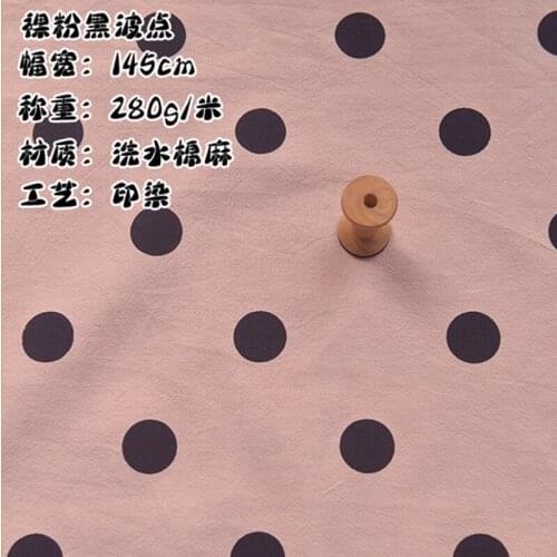 Half Meter Pink Bottom With Black Round Dot Washed Cotton Linen Fabric For Shirt Dress Garment Handmade DIY A34