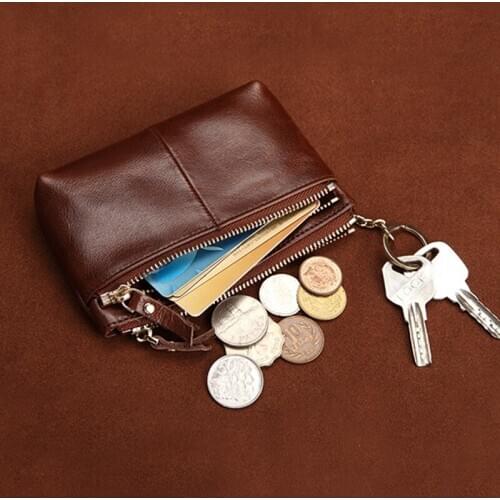 Luufan Casual Leather Mini Coin Purse Slim Zipper Wallet Genuine Leather Short Wallets For Card Cash Soft SkinWith Key Ring