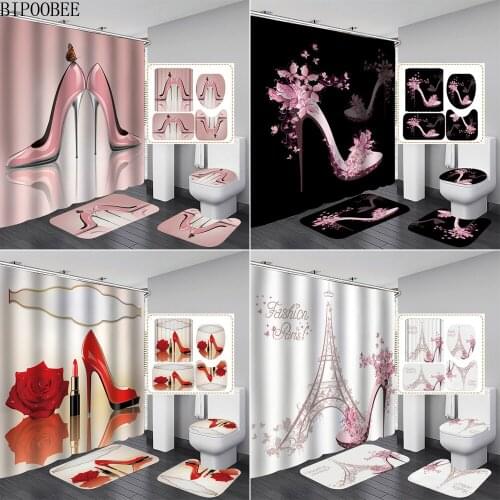 Pink High Heels Printed Shower Curtain Modern Bathroom Curtains Set Bath Mats Rugs Non Slip Carpet Toilet Lid Cover Floor Mat