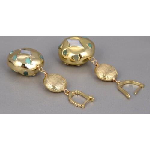 Natural Cultured White Pearl Star Shape Green Chrysoprases Gold Color Plated Edge leverback Earrings