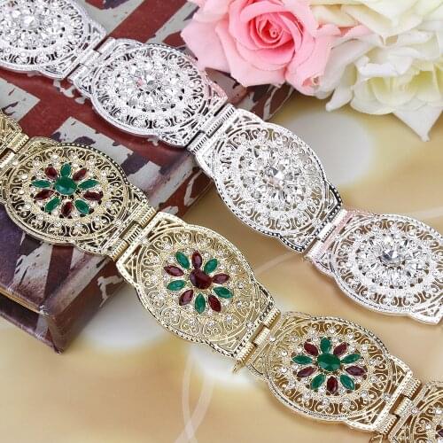 Sunspicems Gold Silver Color Moroccan Caftan Belt Metal Buckle Carved Flower Wedding Waist Chain Women Crystal Body Jewelry