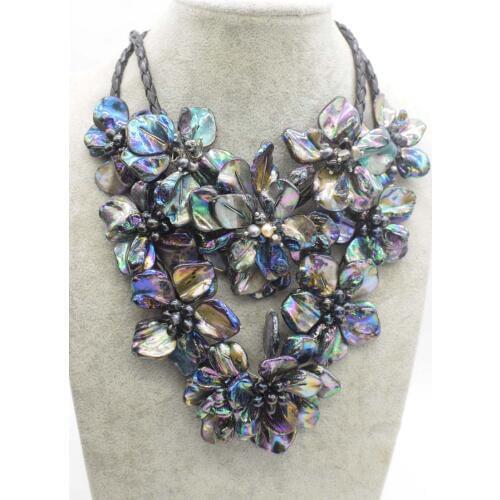 WOW! freshwater pearl necklace black rice and shell baroque flower 18inch nature handmade wholesale FPPJ