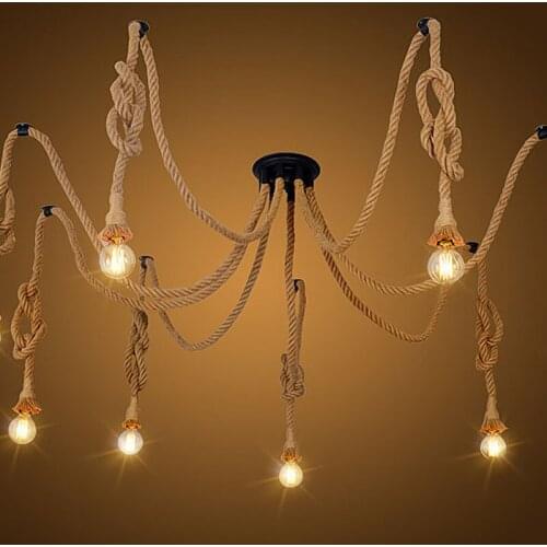 Vintage Hemp Rope Spider Pendant Light Antique Classic Adjustable DIY Spider Light Retro Edison Bulb Pendant Lamp