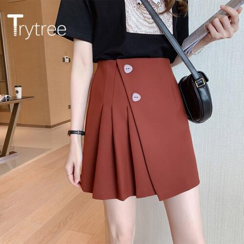 Trytree 2020 Summer Women Casual Woman Skirt Solid A-line High Waist Button Pleated Irregular Fashion All-Purpose Style Skirt