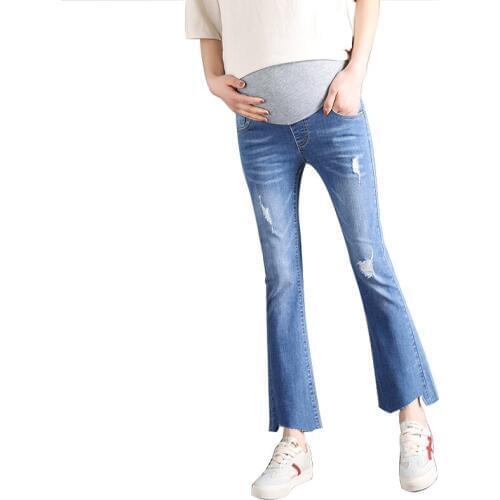 2019 spring and summer micro-ra womens jeans eight points hole flared pants seven points irregular nine pants jeans pregnancy