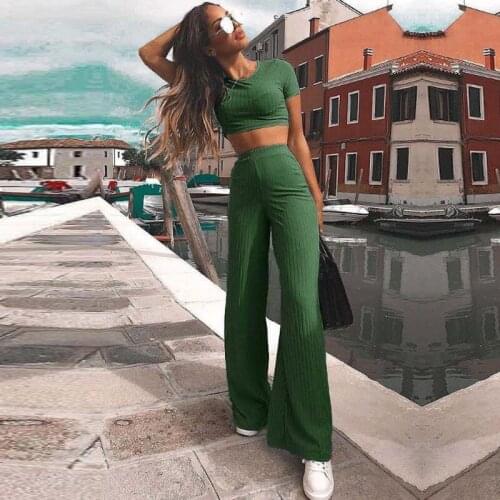 2 Two Piece Set Women Ribbed O Neck Crop Top and Long Pants Set Sexy Autumn Short Sleeve Tracksuit Women Conjunto Feminino 2020