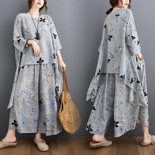 Plus Size Women Two Piece Set Clothing Indie Folk Floral Oversize Elegant Lady Tops Shirt Linen Loose Pants Summer 2021