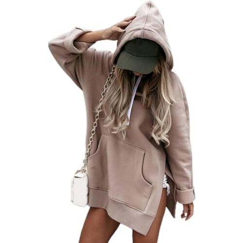 New Autumn Long Hoodies Women Dresses Solid Color Drawstring Large Pocket Side Split Sweatshirt Oversized Pullover Hoodie Dress