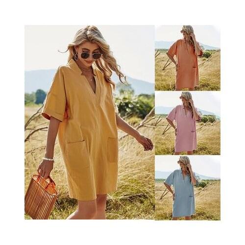 Pullover Half Sleeve Short Fashion Solid Dress Women Loose Pocket V Neck Elegant Dress For Women 2021 Summer Streetwear Dress