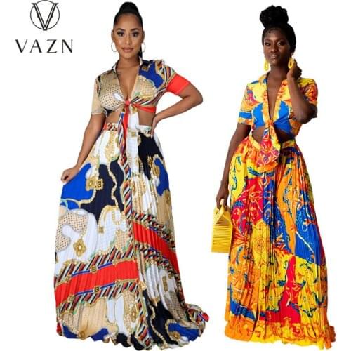 VAZN 2021 Plus Size Chiffon Dress Set Young Sexy Geometric Elements Print Short Sleeve Maxi Bandage Skirts Women 2 Piece Set