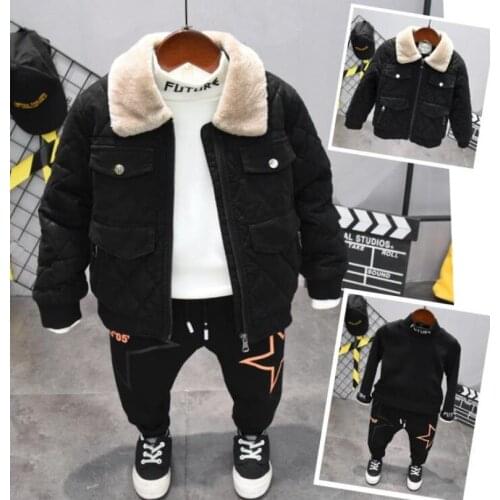 Winter childrens set of childrens warm suit baby clothes, boys PU fur coat, plush Sweaters, plush pants Three-piece suit 2-6y