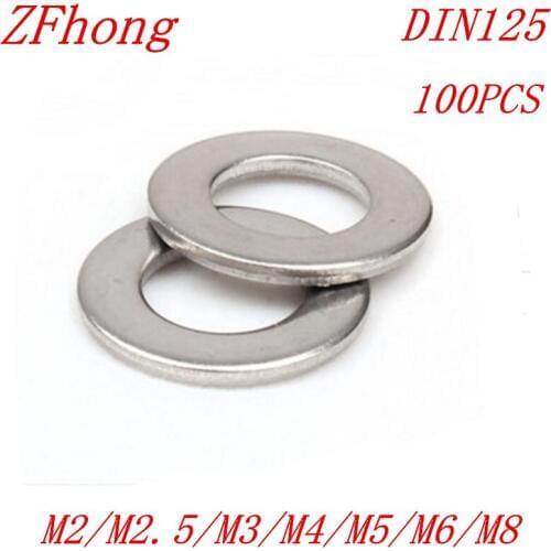 100Pcs DIN125 304 Stainless Steel Flat Washer Plain Washer Gaskets M2 M2.5 M3 M3.5 M4 M5 M6 M8
