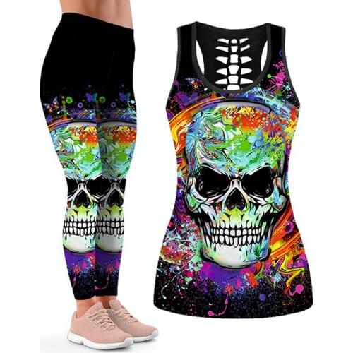 2021 Funny Halloween Two Piece Sets Yoga Sportswear Women Hollow Back Vest And Skull Printed Yoga Pants Matching Set Athleisure