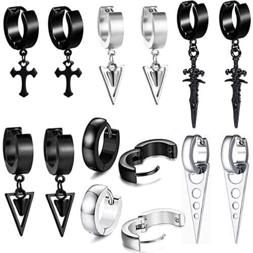 5 Pairs Punk Hip-hop Stainless Steel Black Dagger Geometric Triangle Cross Sword Dangle Surgical Huggie Hoop Earrings Set Gift f