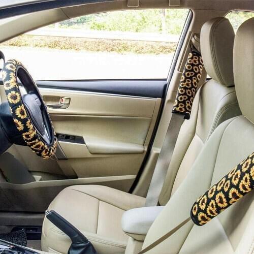 6pcs/set Sunflower Car Steering Wheel Cover Non Slip Cover With 2 Key Chains Seat Belt Shoulder Cover Automotive Interior