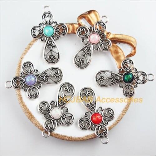 New 6Pcs Tibetan Silver Tone Retro Flower Cross Mixed Resin Charms Pendants 31x48mm