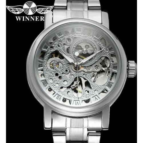 WINNER Classic Automatic Mechanical Women Wristwatch Clock Top Brand Luxury Silver Stainless Steel Skeleton Ladies Watch 8005