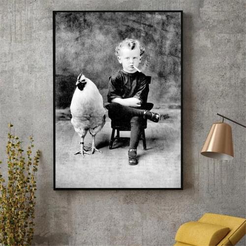 Black And White Chicken Canvas Poster Smoking Boy Wall Art Print Vintage Painting Nordic Wall Pictures Kids Bedroom Decoration
