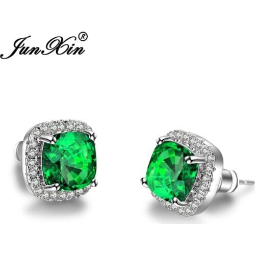 JUNXIN Fashion Silver Color Colorful Square Earrings Purple/Blue/Green/Red Zircon Stud Earrings For Women