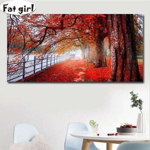 Modern Landscape Canvas Painting Diamond Painting cross stitch Red leaves all over the ground Square/Round embroidery 5D Mosaic