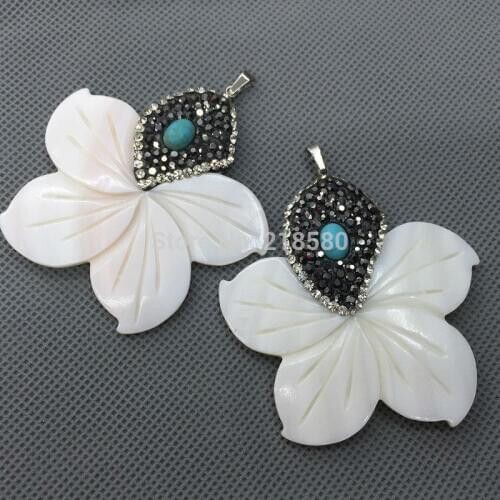 M51127494 Pave Shell Pendant Frangipane Flower Charm with CZ Pave Cap and Howlite Beads Accent