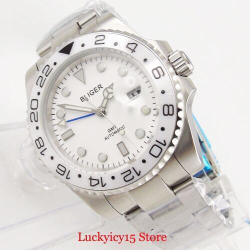 Fashion BLIGER Brand Men Wristwatch 40mm White Dial Date Window GMT Function Silver Color Case Stainless Steel Bracelet