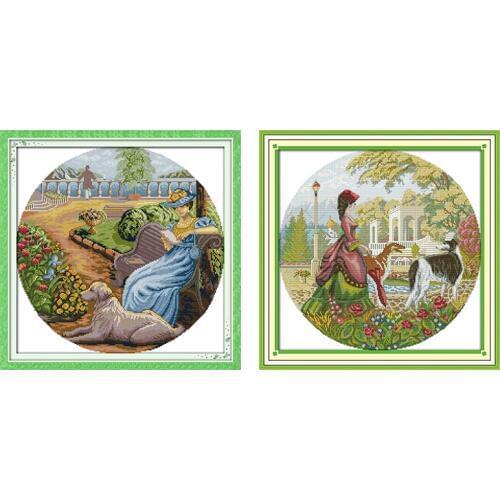 Lady and Dog DMC Counting Cross Stitch Kit 11CT 14CT Canvas Printed Cross Stitch DIY Embroidery Kit Home Decoration Needlework